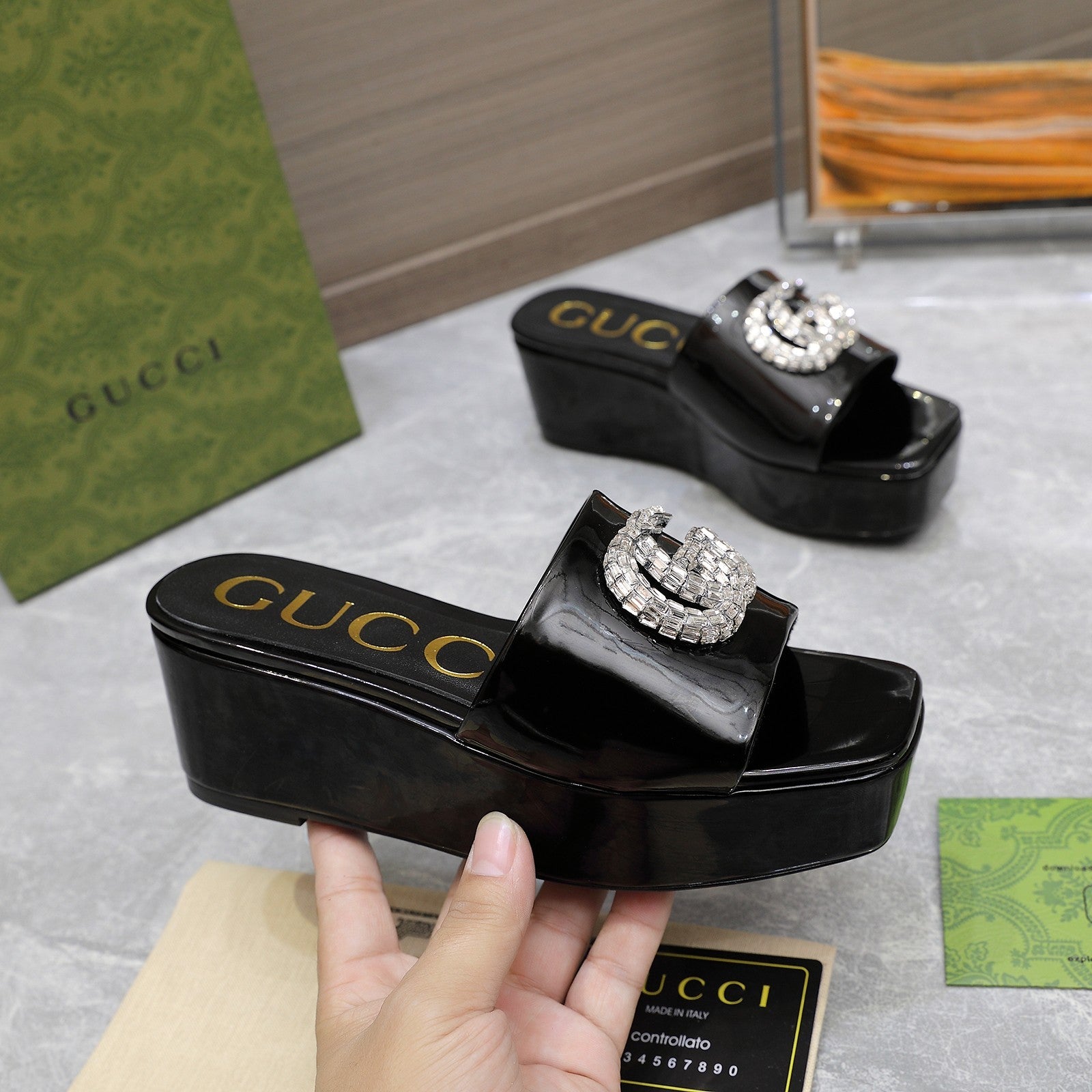 GUCCI HIGH WEDGE PLATFORM WITH DOUBLE G IN BLACK GLOSSY CALFSKIN