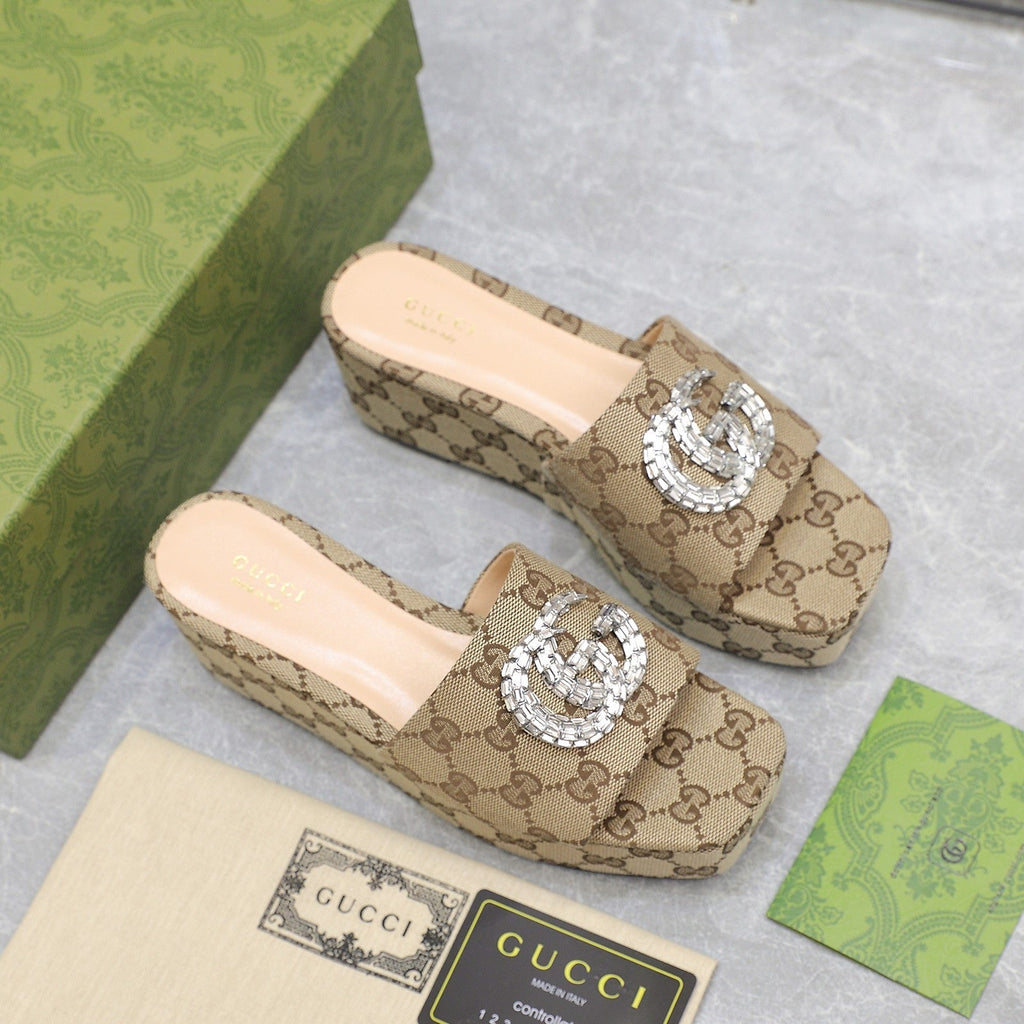 GUCCI HIGH WEDGE PLATFORM WITH DOUBLE G IN CAMEL BEIGE CANVAS