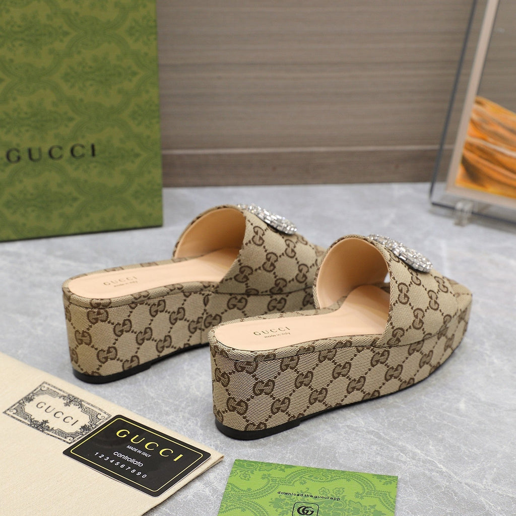 GUCCI HIGH WEDGE PLATFORM WITH DOUBLE G IN CAMEL BEIGE CANVAS