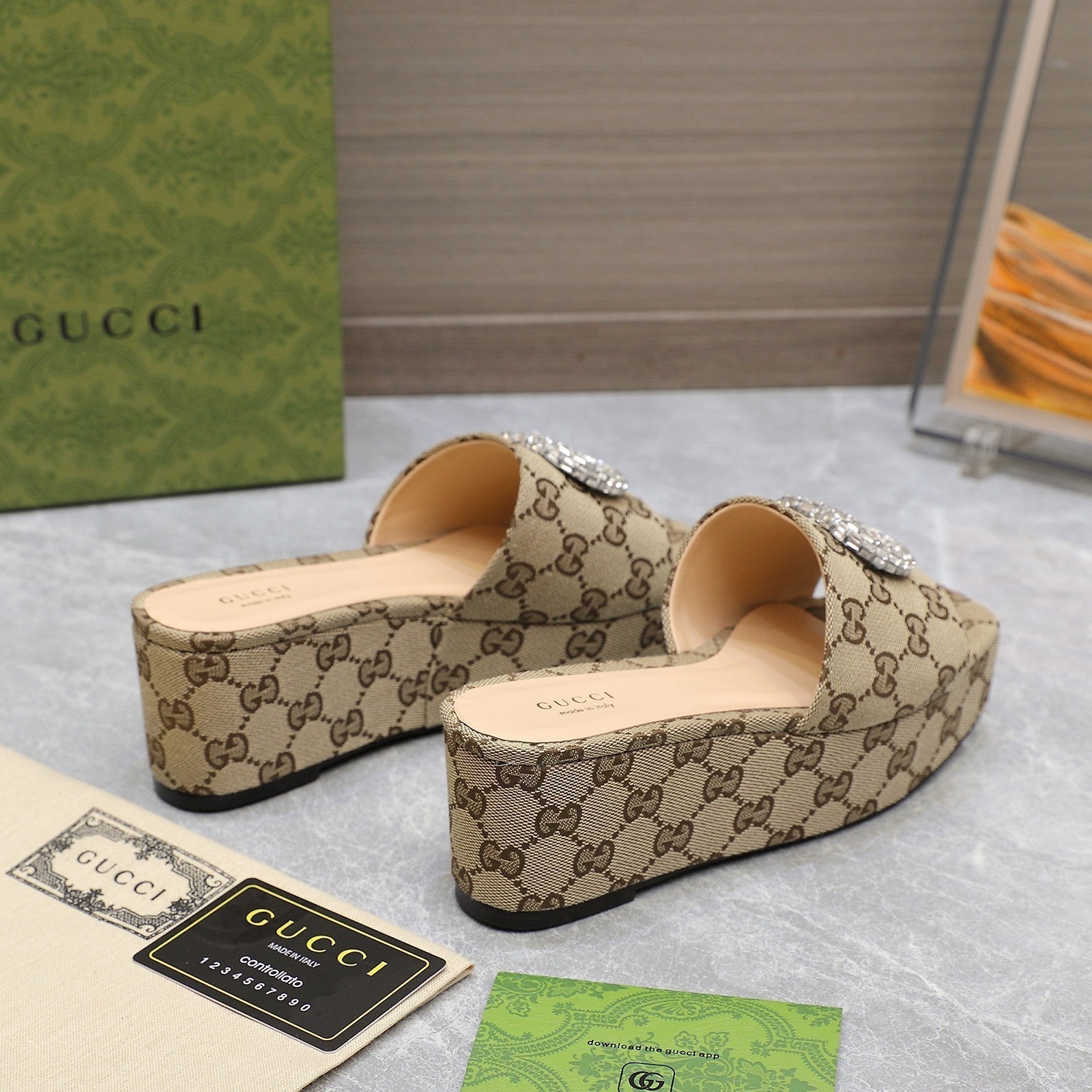 GUCCI HIGH WEDGE PLATFORM WITH DOUBLE G IN CAMEL BEIGE CANVAS