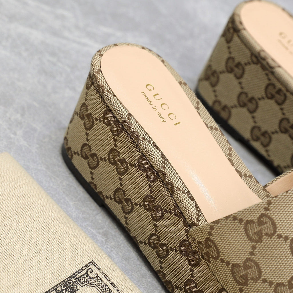 GUCCI HIGH WEDGE PLATFORM WITH DOUBLE G IN CAMEL BEIGE CANVAS