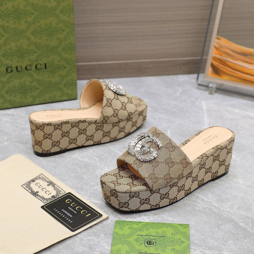 GUCCI HIGH WEDGE PLATFORM WITH DOUBLE G IN CAMEL BEIGE CANVAS