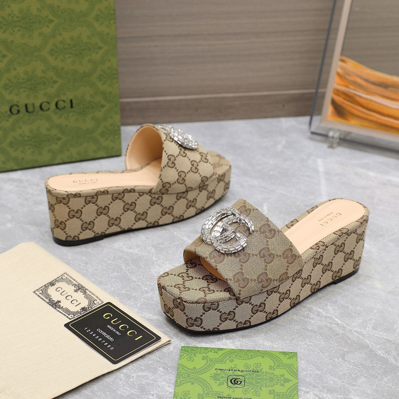 GUCCI HIGH WEDGE PLATFORM WITH DOUBLE G IN CAMEL BEIGE CANVAS