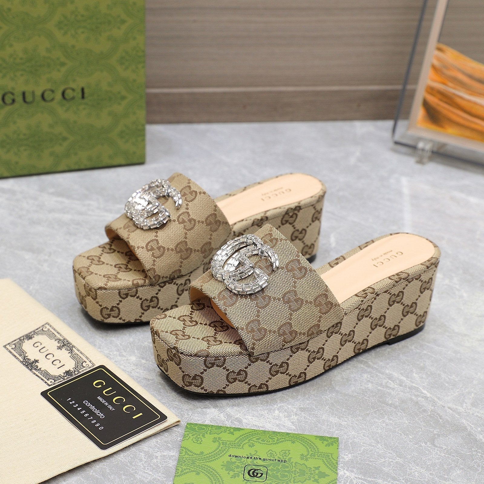 GUCCI HIGH WEDGE PLATFORM WITH DOUBLE G IN CAMEL BEIGE CANVAS