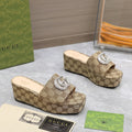 GUCCI HIGH WEDGE PLATFORM WITH DOUBLE G IN CAMEL BEIGE CANVAS