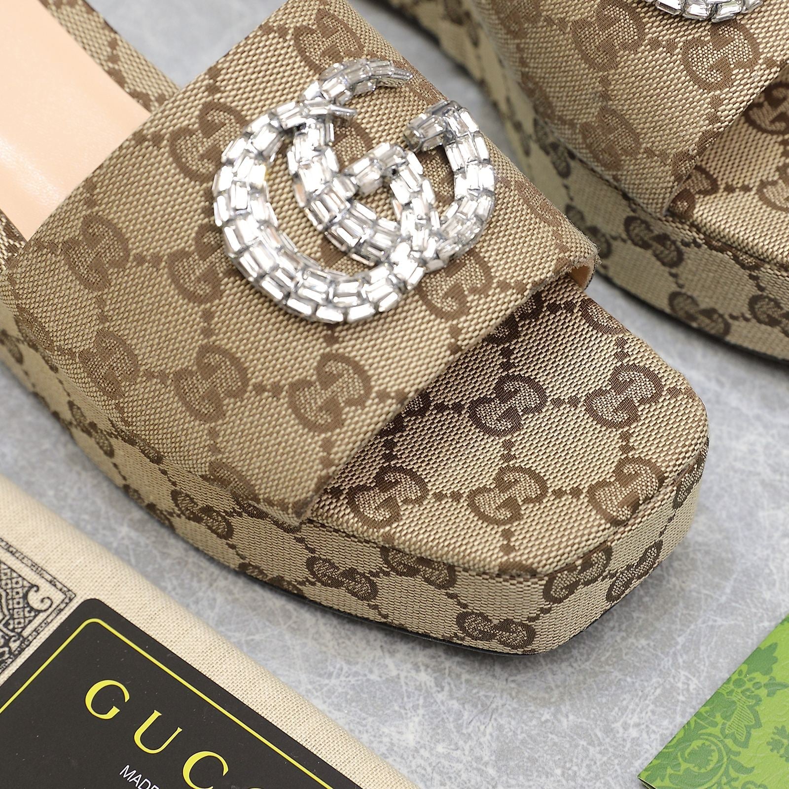 GUCCI HIGH WEDGE PLATFORM WITH DOUBLE G IN CAMEL BEIGE CANVAS