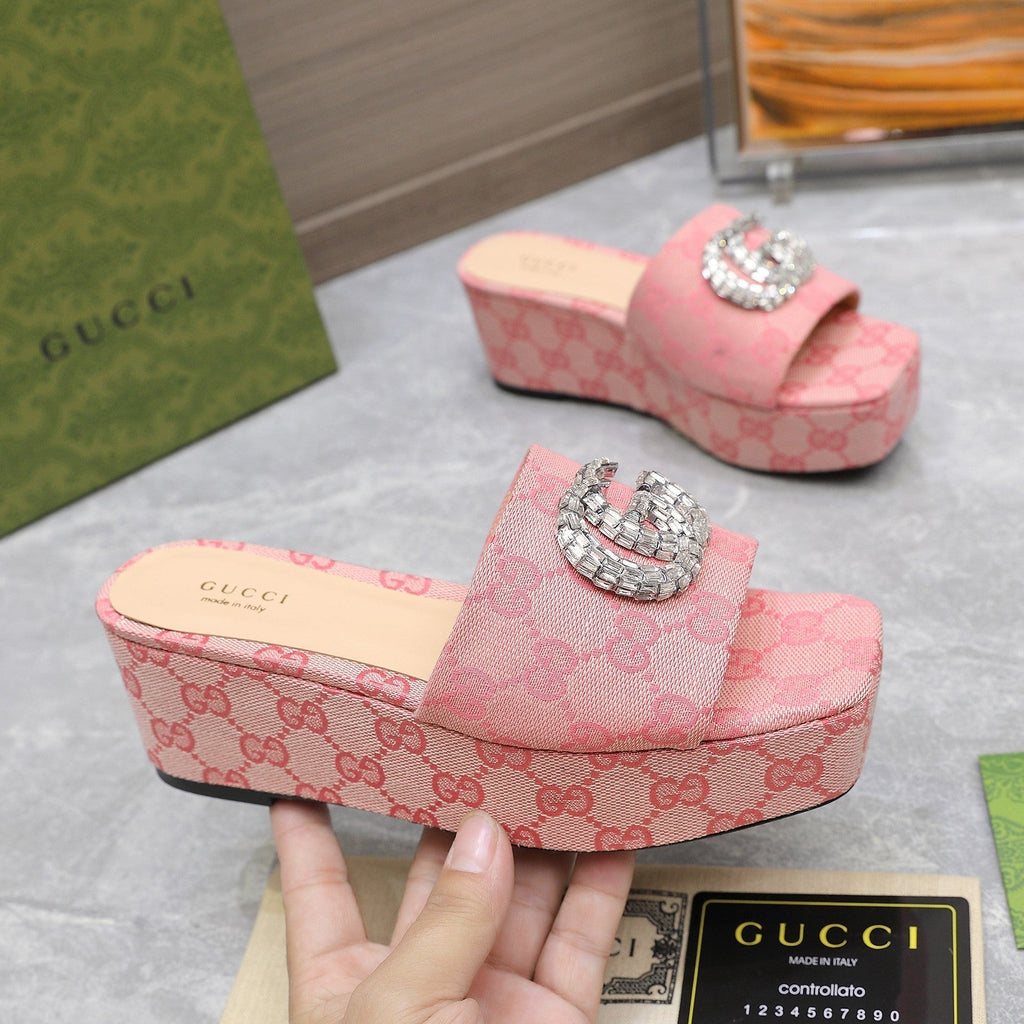 GUCCI HIGH WEDGE PLATFORM WITH DOUBLE G IN LIGHT PINK CANVAS