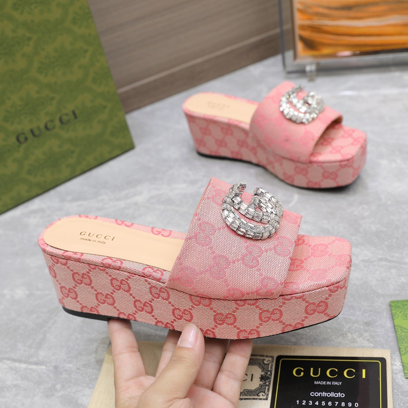 GUCCI HIGH WEDGE PLATFORM WITH DOUBLE G IN LIGHT PINK CANVAS