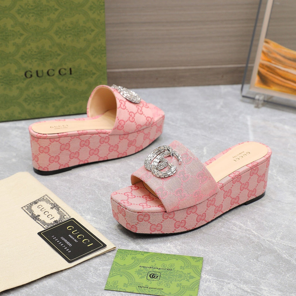 GUCCI HIGH WEDGE PLATFORM WITH DOUBLE G IN LIGHT PINK CANVAS