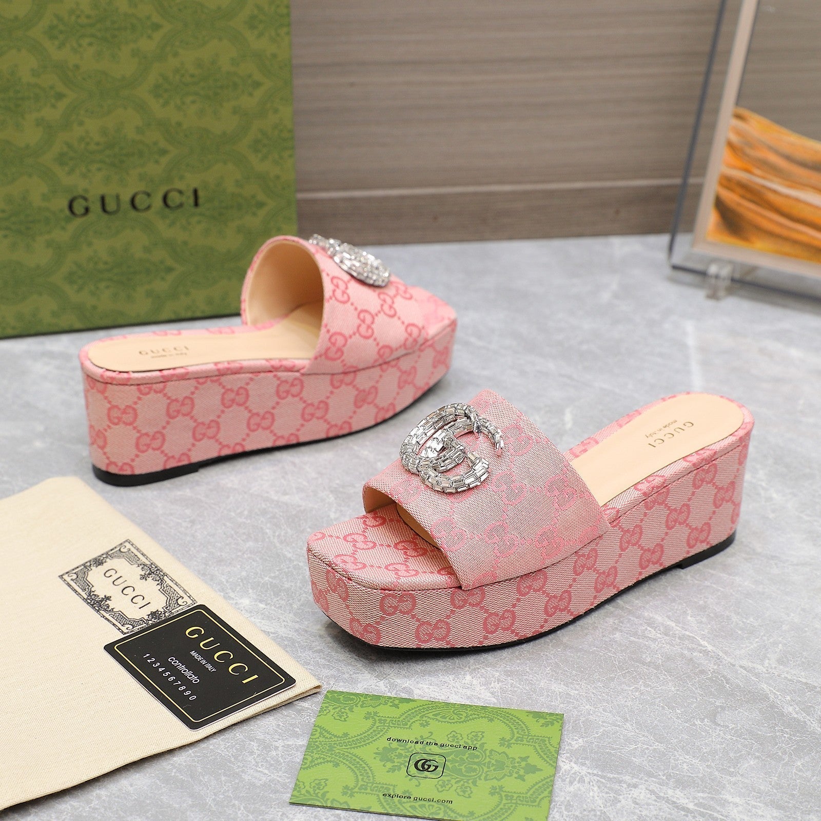 GUCCI HIGH WEDGE PLATFORM WITH DOUBLE G IN LIGHT PINK CANVAS