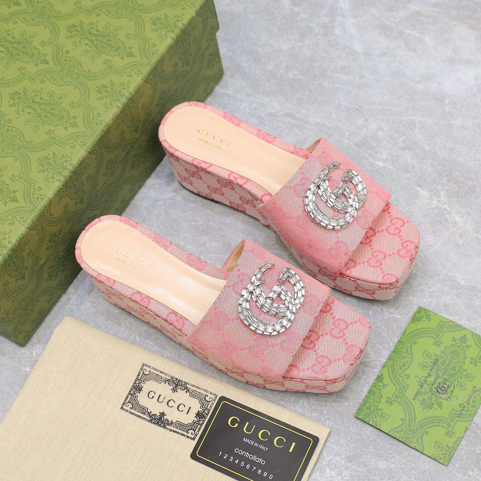 GUCCI HIGH WEDGE PLATFORM WITH DOUBLE G IN LIGHT PINK CANVAS