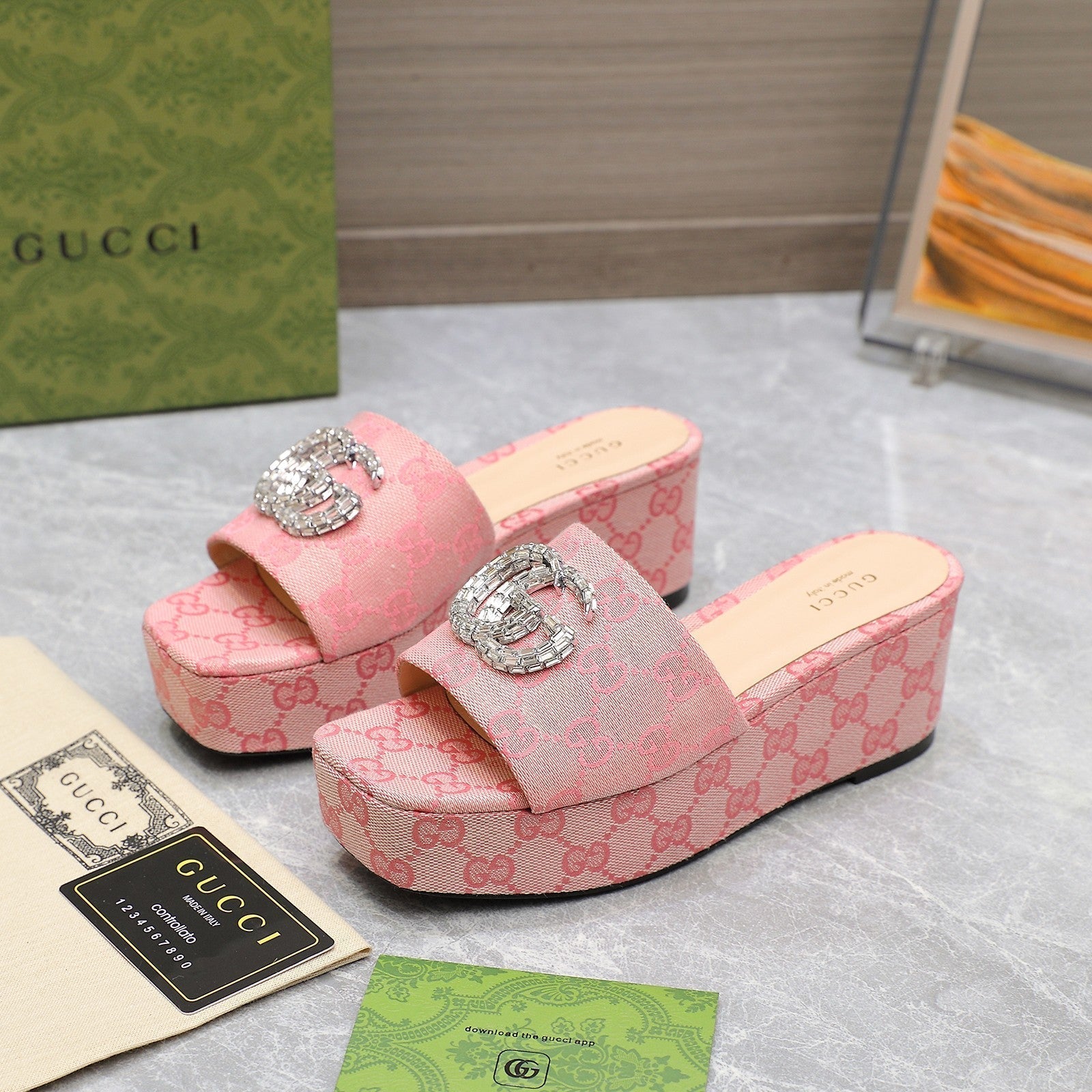 GUCCI HIGH WEDGE PLATFORM WITH DOUBLE G IN LIGHT PINK CANVAS