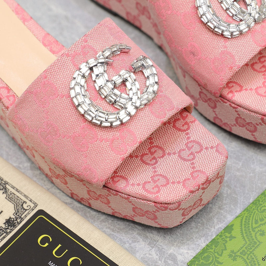 GUCCI HIGH WEDGE PLATFORM WITH DOUBLE G IN LIGHT PINK CANVAS