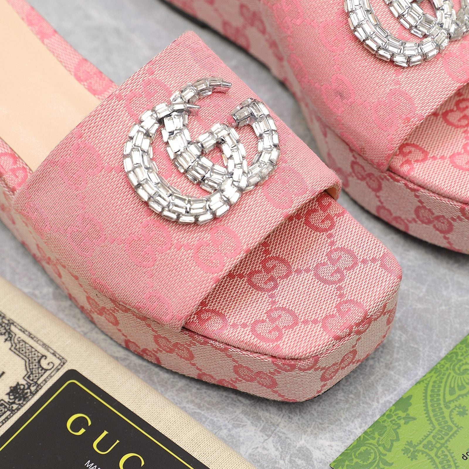 GUCCI HIGH WEDGE PLATFORM WITH DOUBLE G IN LIGHT PINK CANVAS