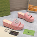 GUCCI HIGH WEDGE PLATFORM WITH DOUBLE G IN LIGHT PINK CANVAS