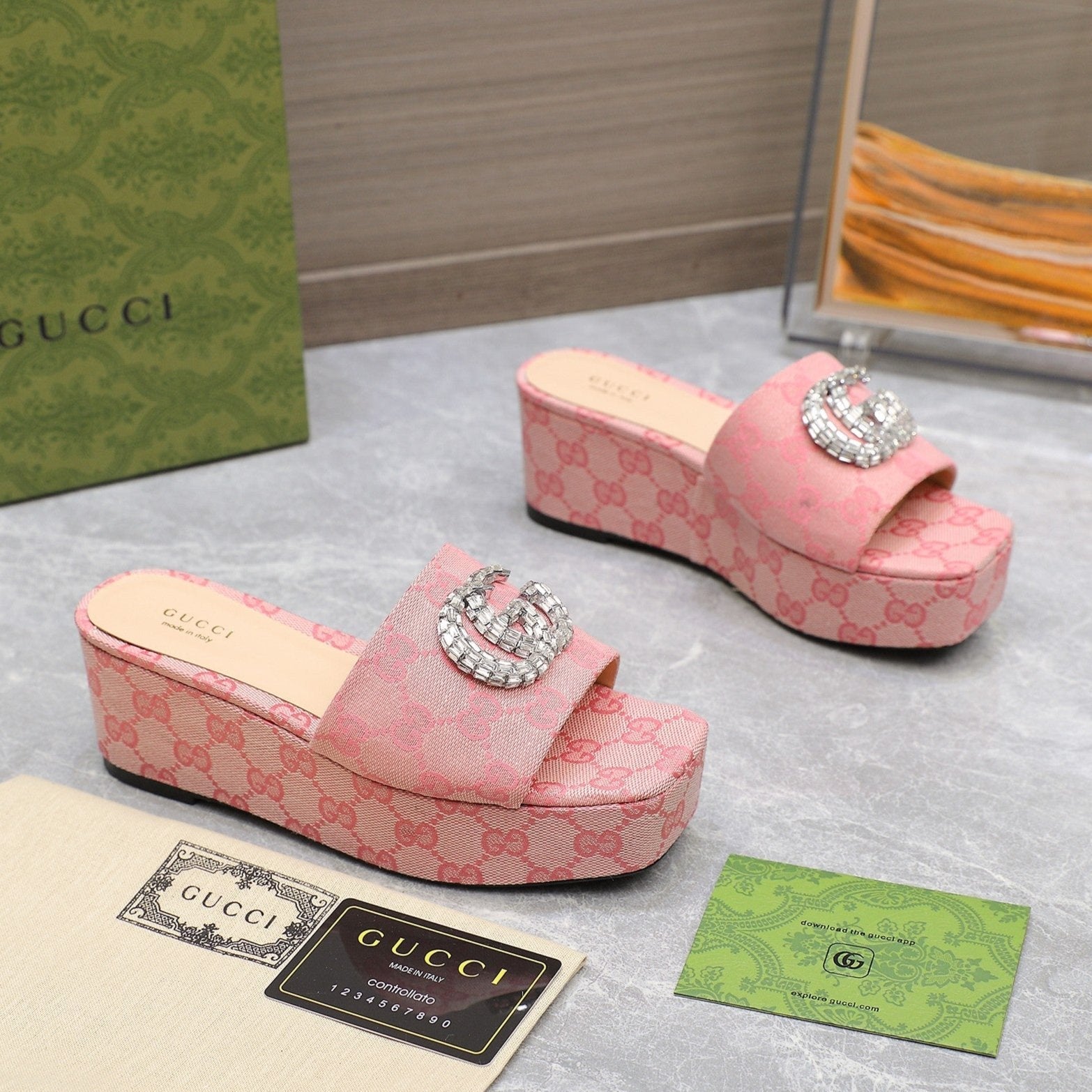 GUCCI HIGH WEDGE PLATFORM WITH DOUBLE G IN LIGHT PINK CANVAS