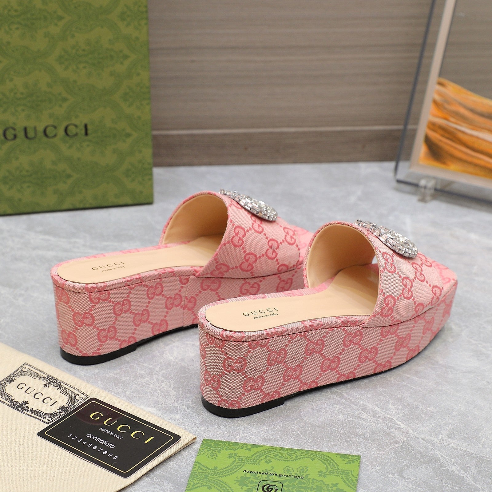 GUCCI HIGH WEDGE PLATFORM WITH DOUBLE G IN LIGHT PINK CANVAS