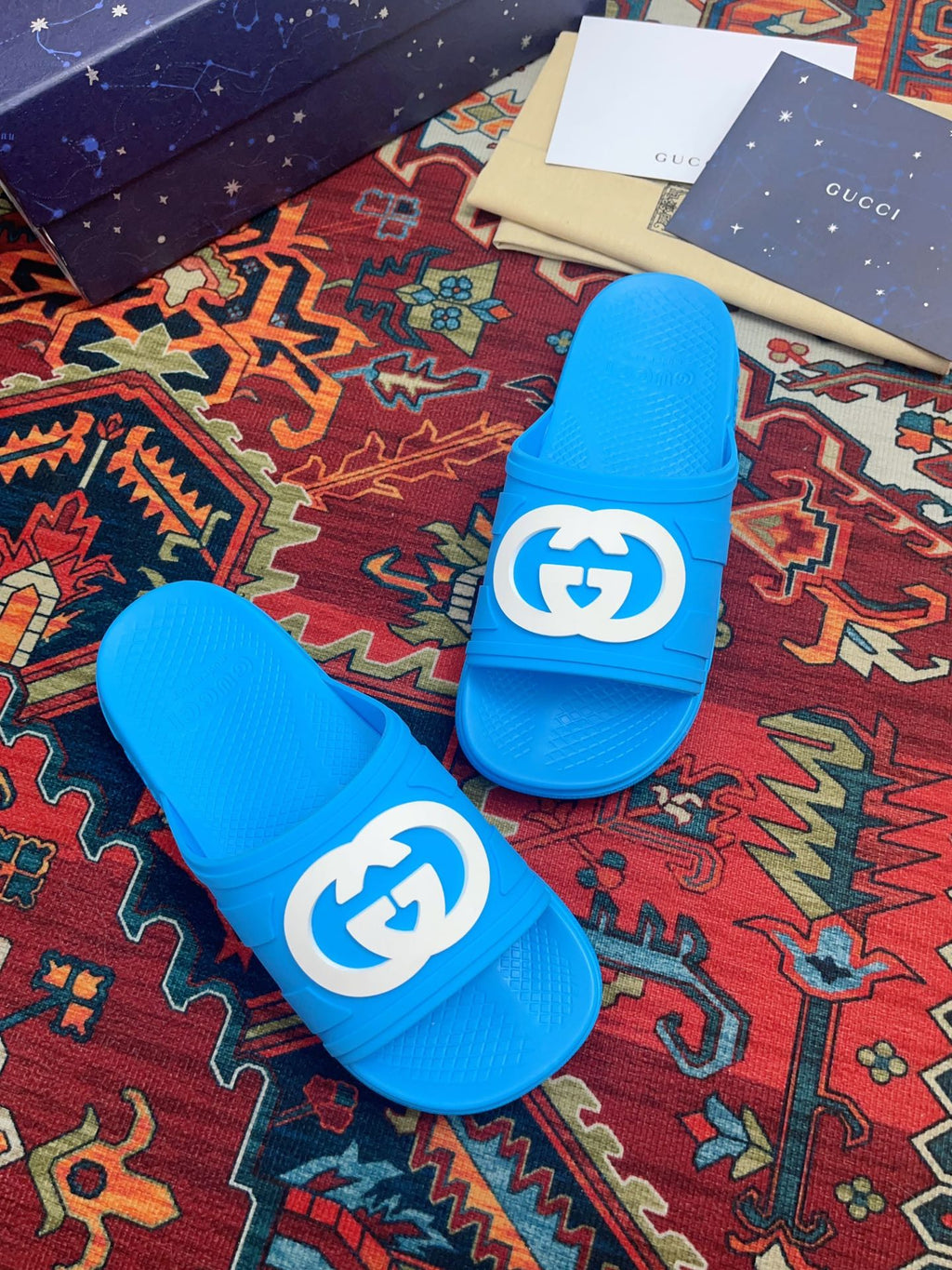 GUCCI INTERLOCKING G SLIDE SANDAL BRIGHT BLUE RUBBER
