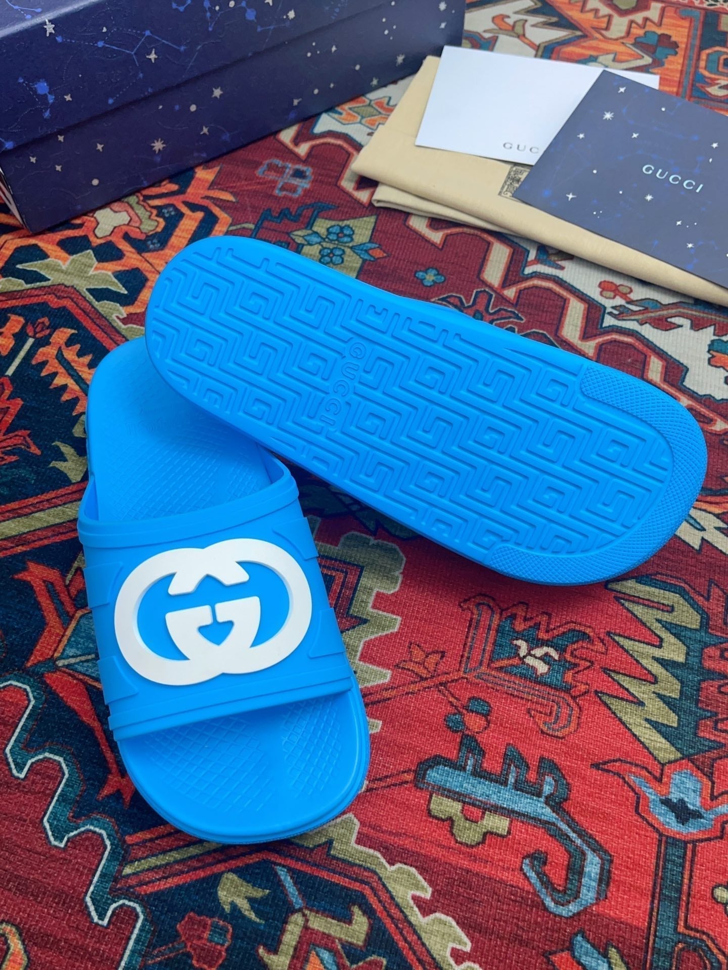 GUCCI INTERLOCKING G SLIDE SANDAL BRIGHT BLUE RUBBER
