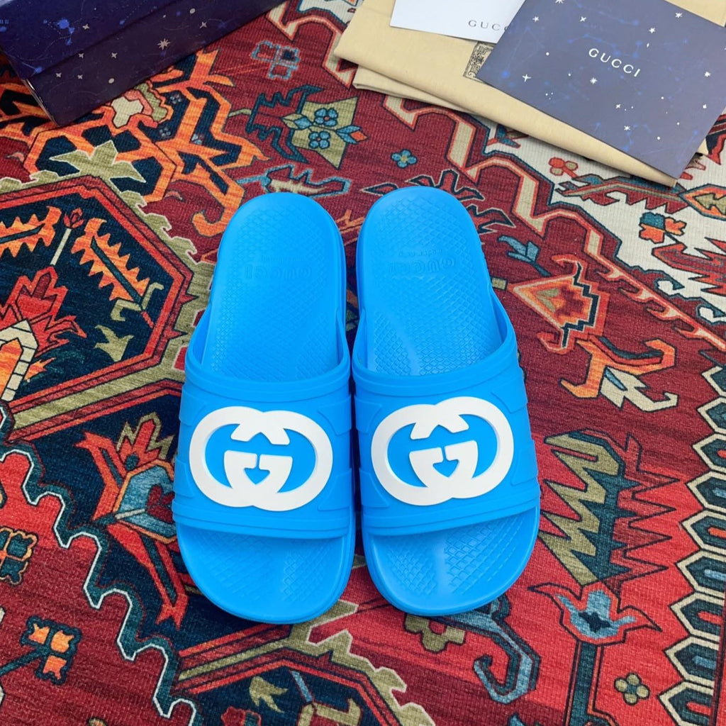 GUCCI INTERLOCKING G SLIDE SANDAL BRIGHT BLUE RUBBER