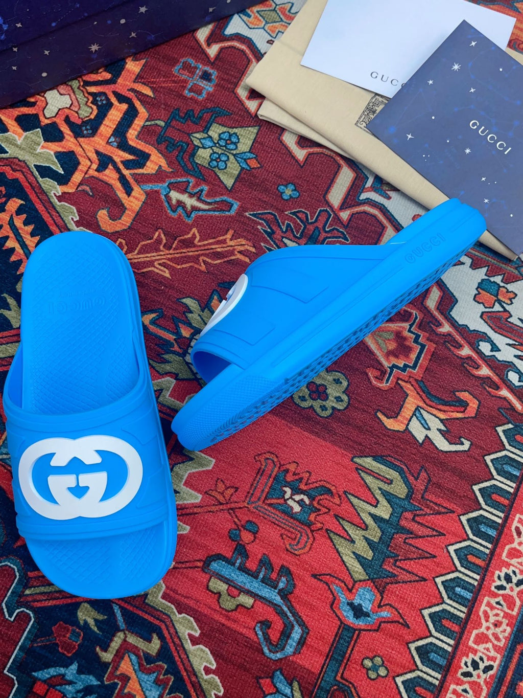 GUCCI INTERLOCKING G SLIDE SANDAL BRIGHT BLUE RUBBER