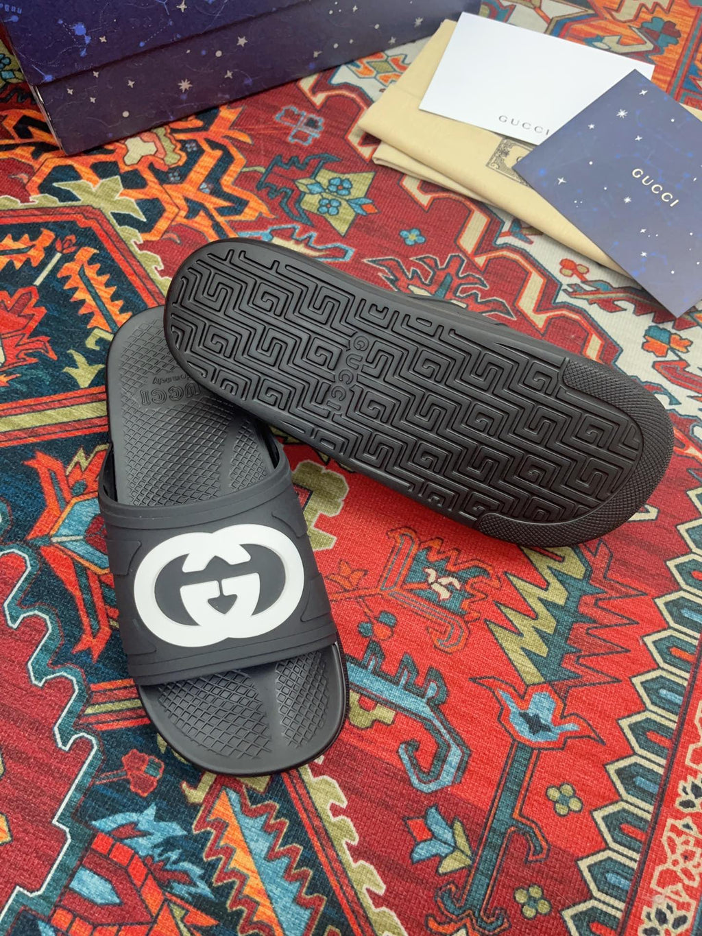 GUCCI INTERLOCKING G SLIDE SANDAL BLACK RUBBER