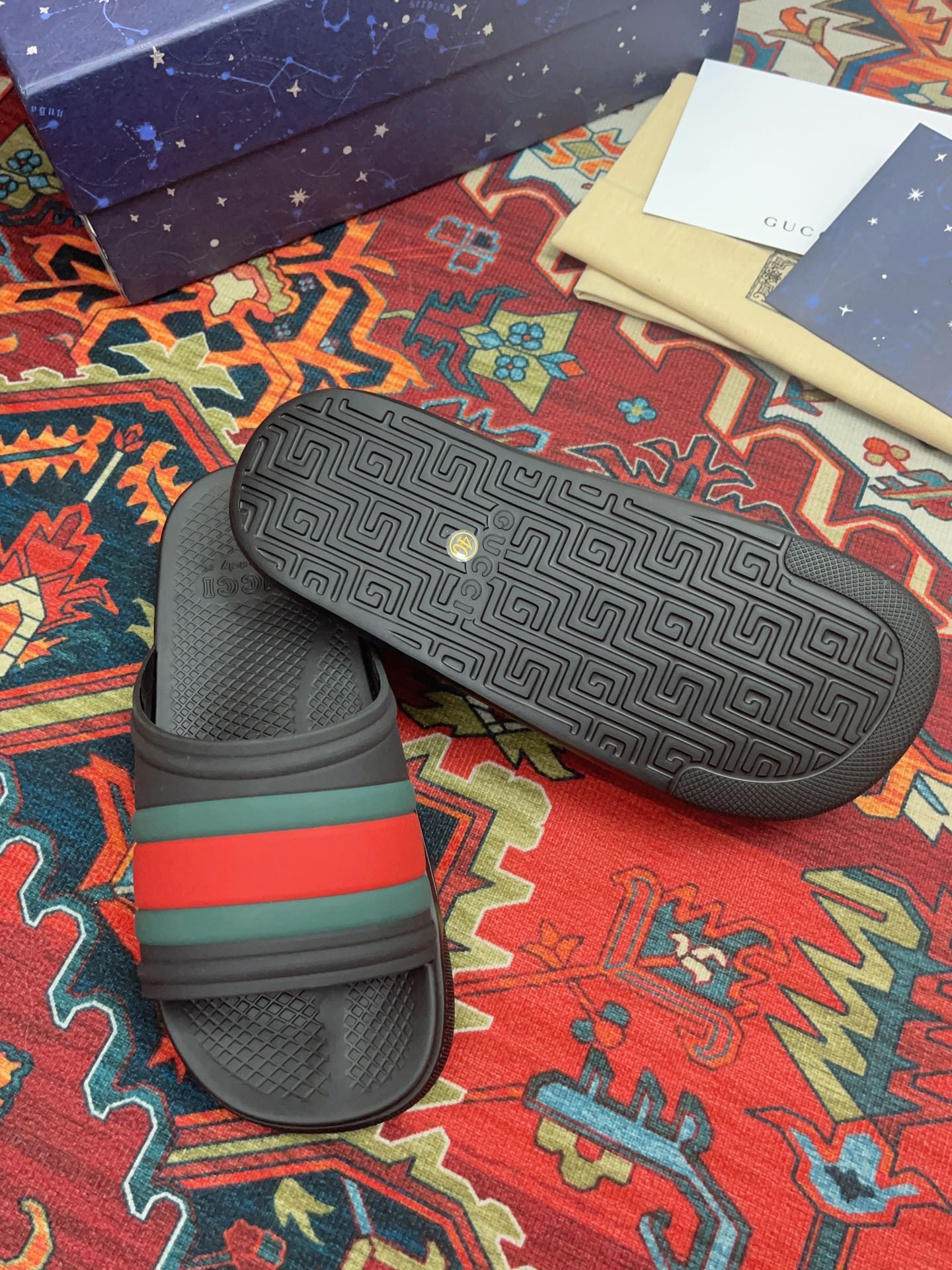 GUCCI WEB SLIDE SANDAL BLACK RUBBER