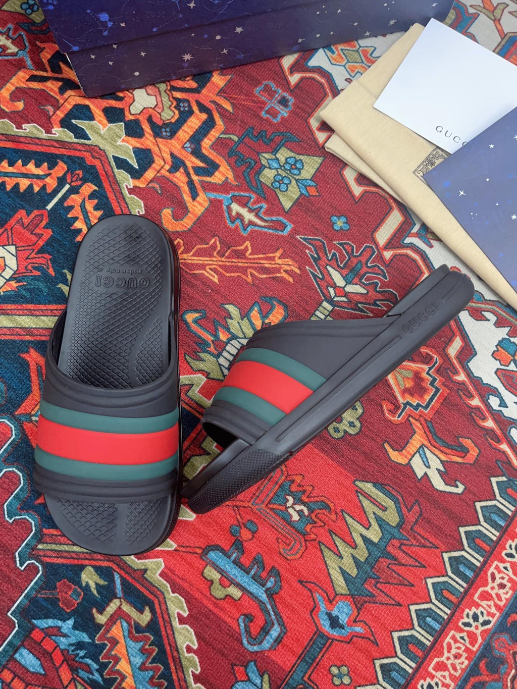 GUCCI WEB SLIDE SANDAL BLACK RUBBER