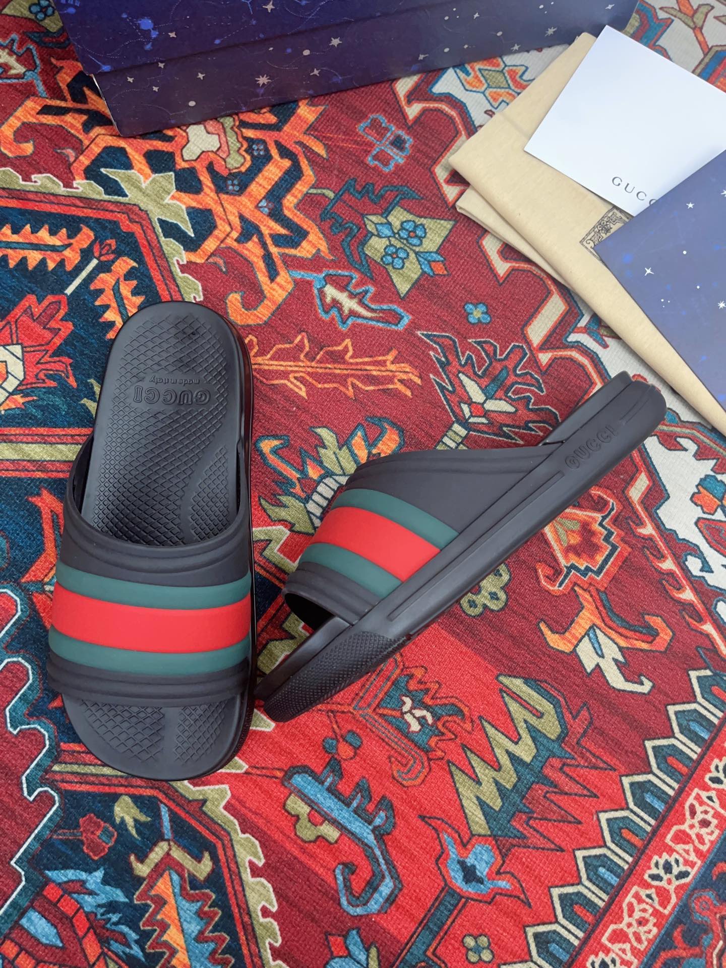 GUCCI WEB SLIDE SANDAL BLACK RUBBER