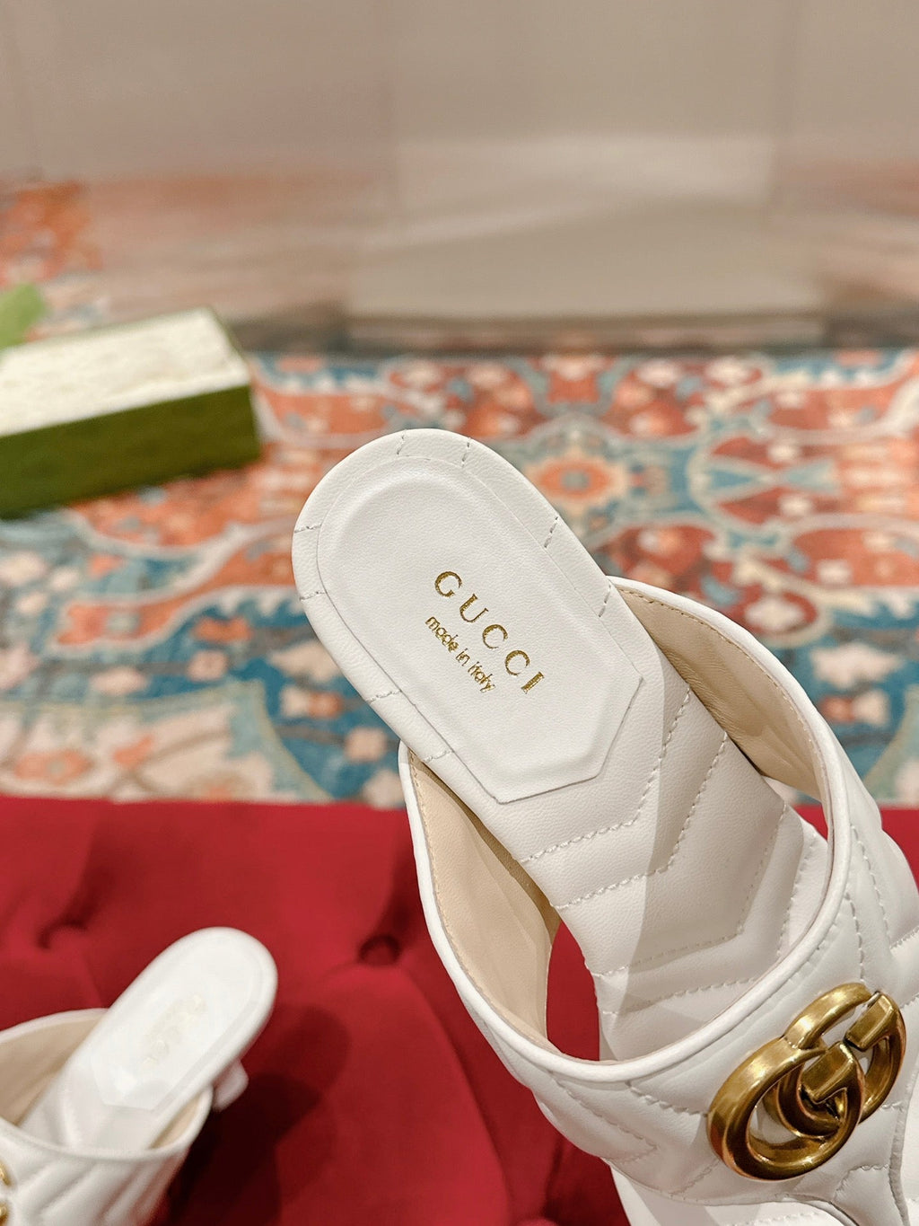GUCCI HIGH THONG MULE 55MM IN WHITE CALFSKIN WITH GOLD HARDWARE