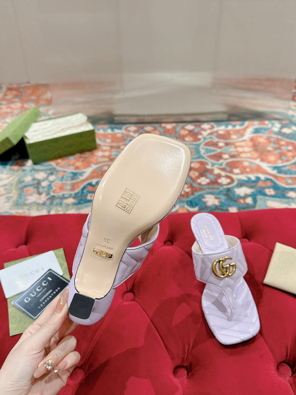 GUCCI HIGH THONG MULE 55MM IN LIGHT PINK CALFSKIN WITH GOLD HARDWARE