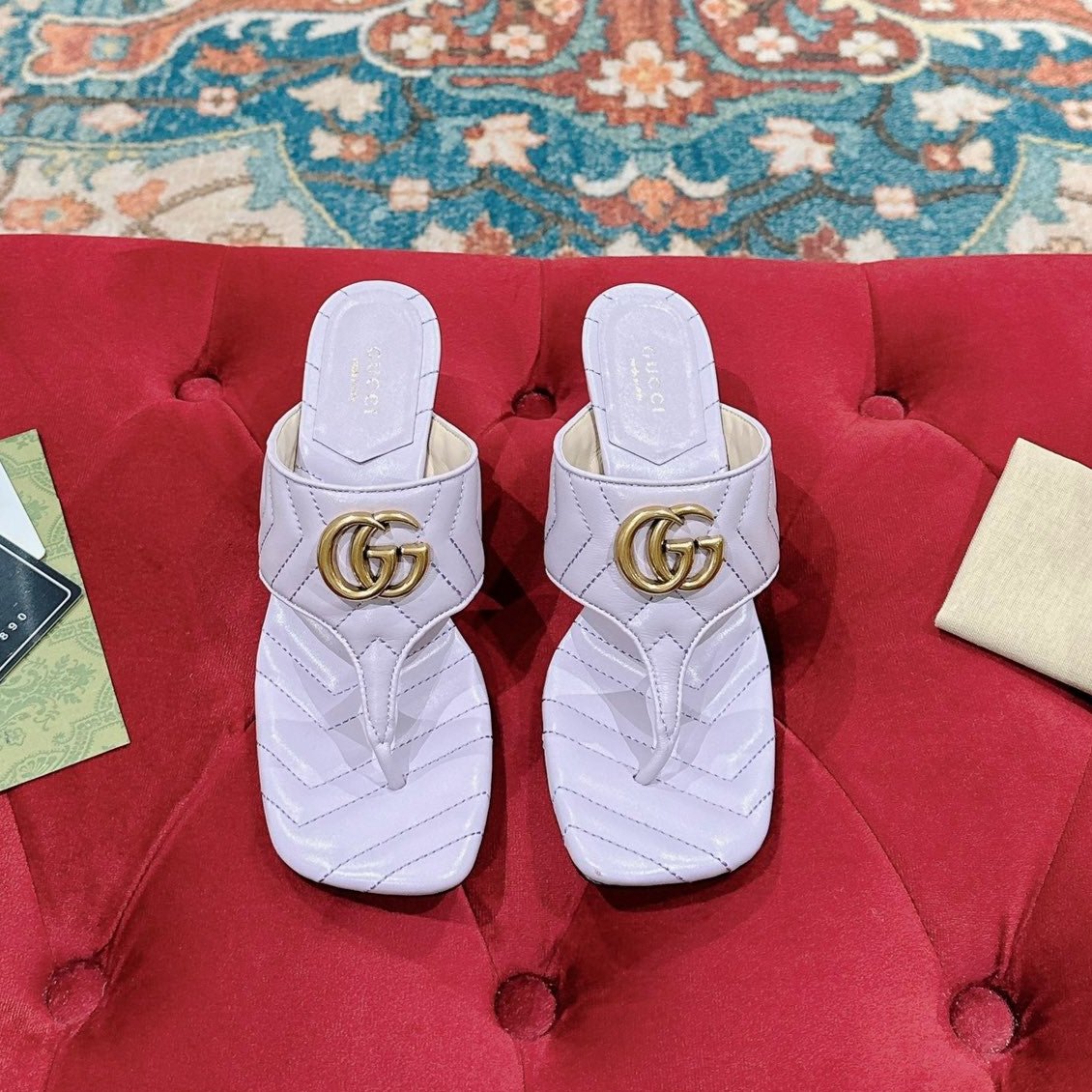 GUCCI HIGH THONG MULE 55MM IN LIGHT PINK CALFSKIN WITH GOLD HARDWARE
