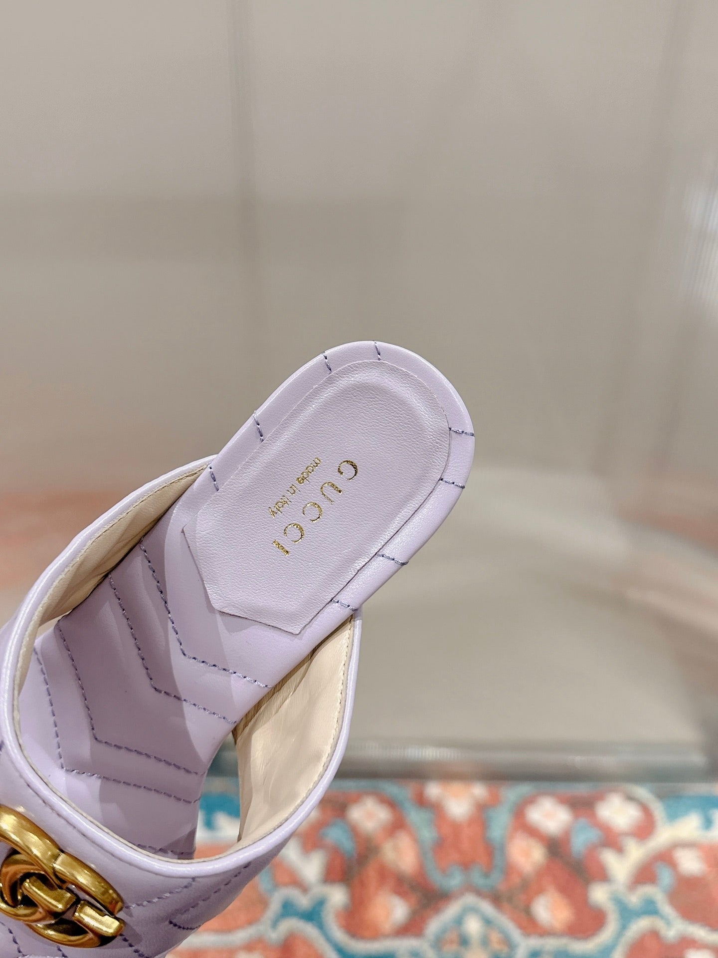 GUCCI HIGH THONG MULE 55MM IN LIGHT PINK CALFSKIN WITH GOLD HARDWARE