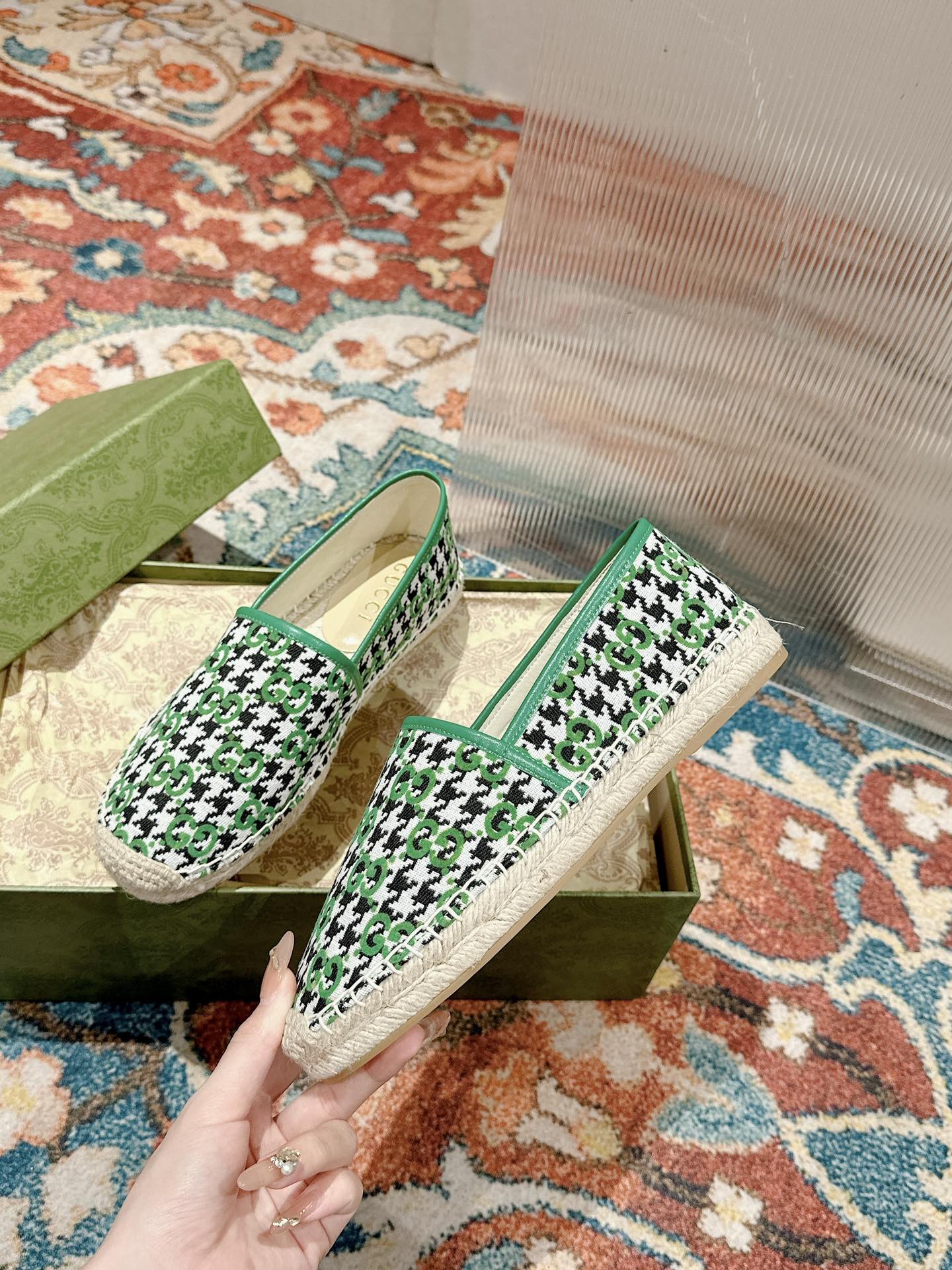 GUCCI ESPADRILLE LOAFER GREEN CANVAS