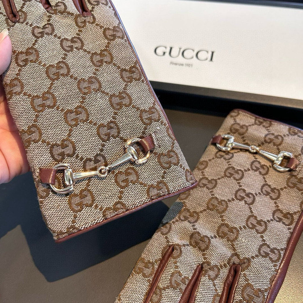 GUCCI HORSEBIT GLOVES IN BEIGE MONOGRAM JACQUARD FABRIC MIX RED BROWN SHEEPSKIN 456332