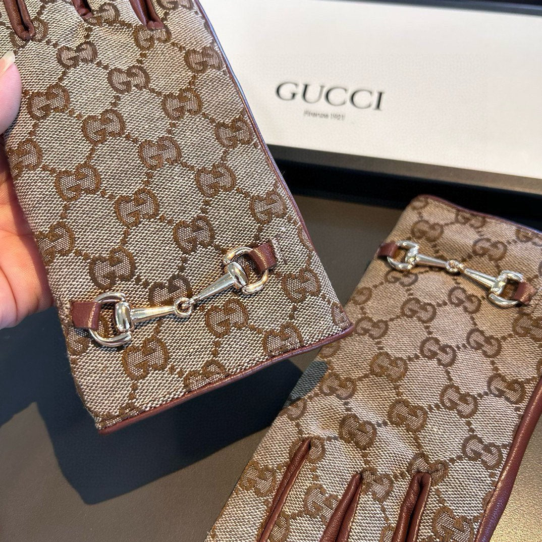 GUCCI HORSEBIT GLOVES IN BEIGE MONOGRAM JACQUARD FABRIC MIX RED BROWN SHEEPSKIN 456332