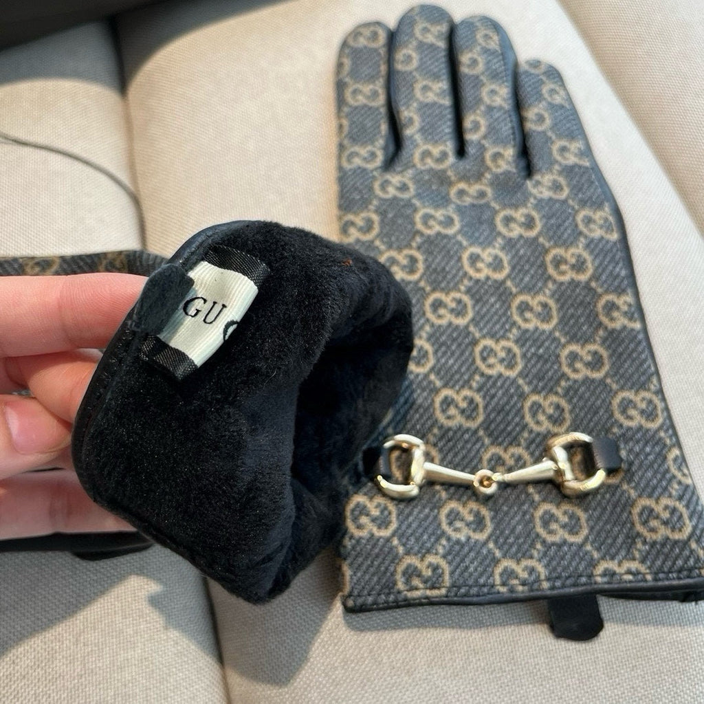 GUCCI HORSEBIT GLOVES IN STONE BLUE MONOGRAM JACQUARD FABRIC MIX BLACK SHEEPSKIN 456333