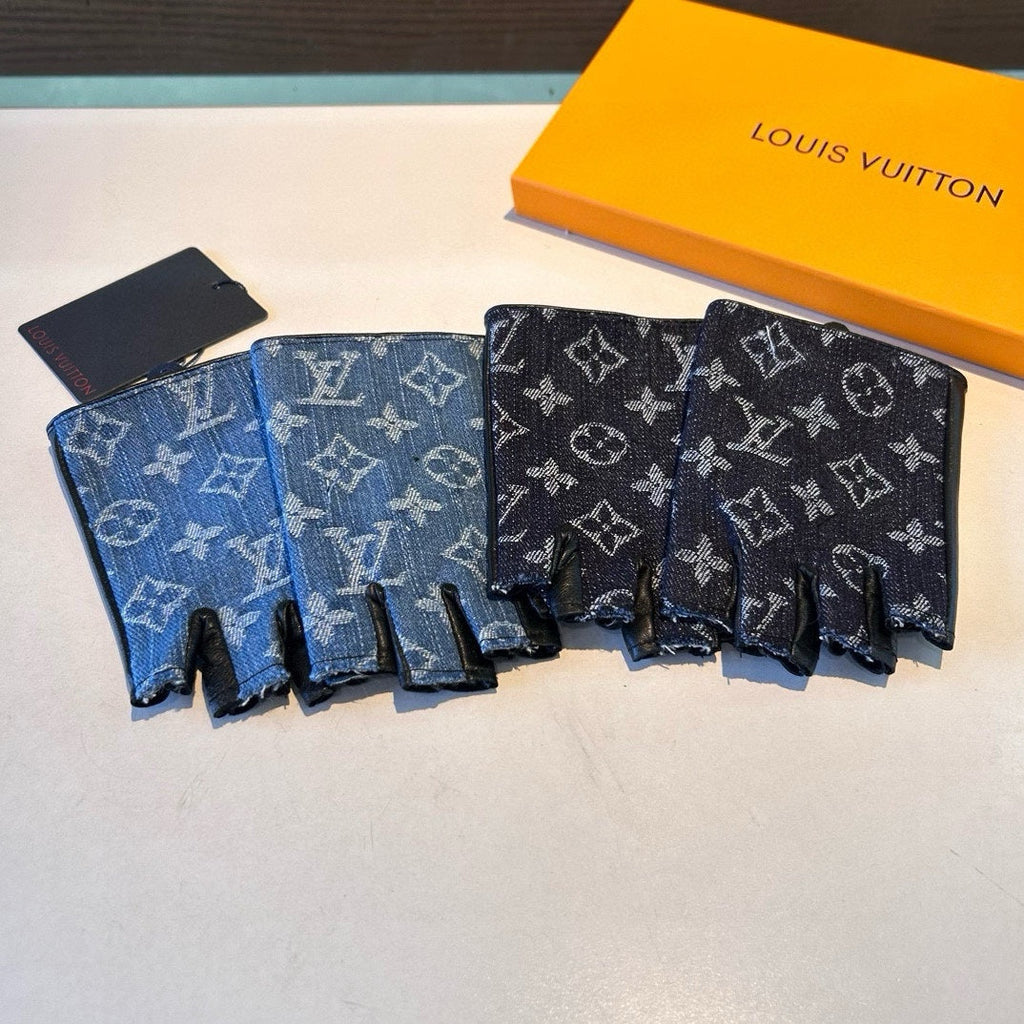 LOUIS VUITTON FINGERLESS GLOVES IN BLACK MONOGRAM DENIM AND LAMBSKIN 460108