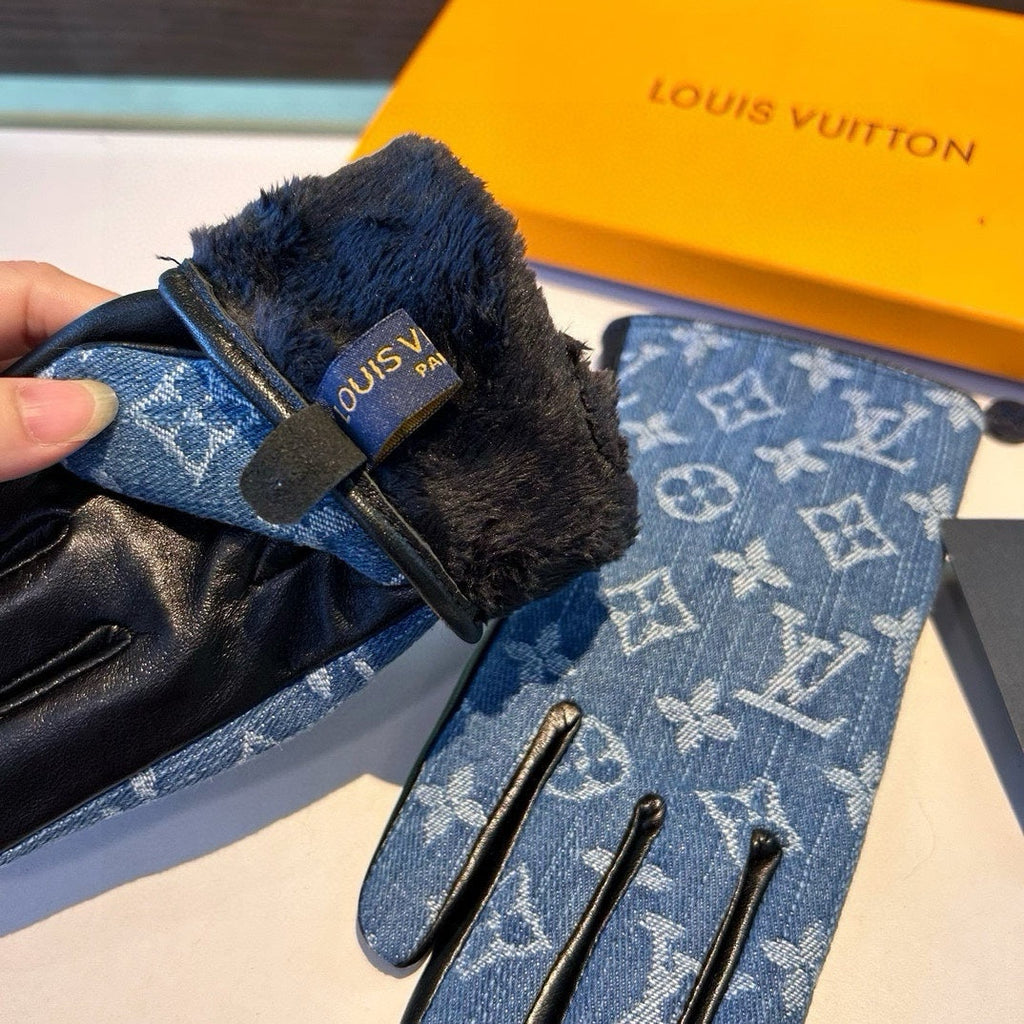 LOUIS VUITTON GLOVES IN ELECTRIC BLUE MONOGRAM DENIM AND BLACK LAMBSKIN 460110