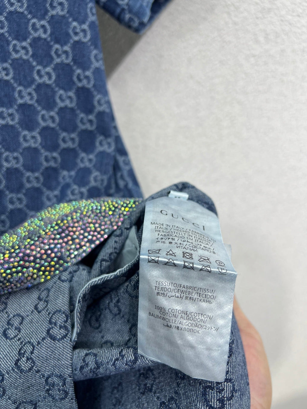 GUCCI Blue Monogram Crystal Embellished Mini Dress