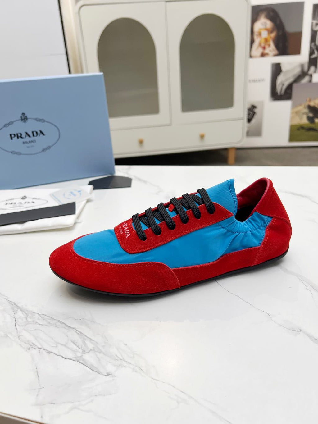 PRADA COLLAPSE SNEAKERS IN RED SUEDE AND SKY BLUE NYLON