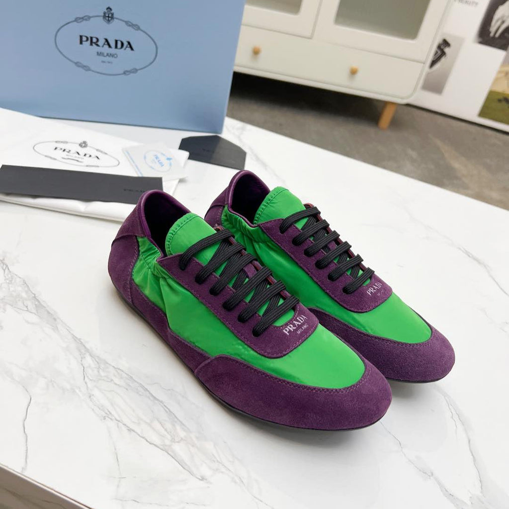 PRADA COLLAPSE SNEAKERS IN PURPLE SUEDE AND GREEN NYLON