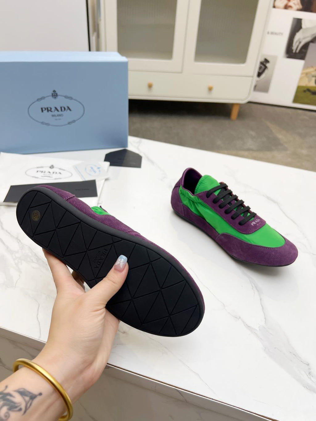PRADA COLLAPSE SNEAKERS IN PURPLE SUEDE AND GREEN NYLON