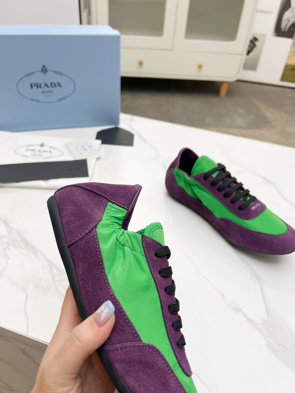 PRADA COLLAPSE SNEAKERS IN PURPLE SUEDE AND GREEN NYLON