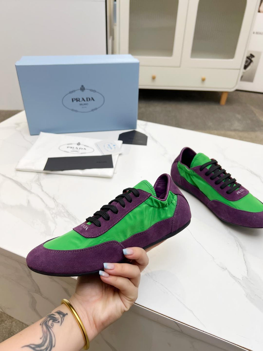 PRADA COLLAPSE SNEAKERS IN PURPLE SUEDE AND GREEN NYLON
