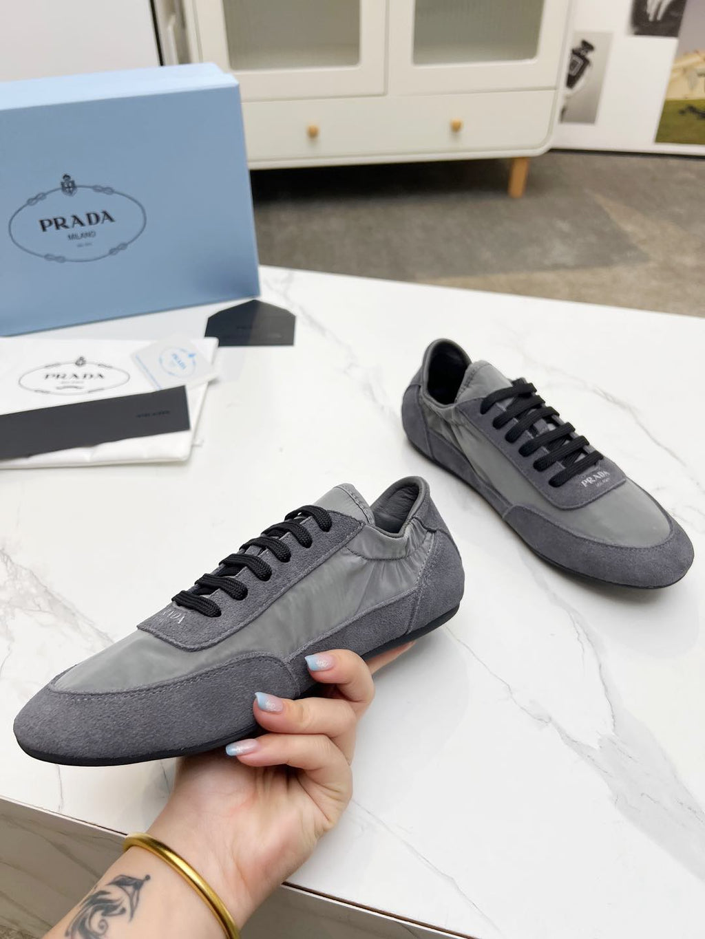 PRADA COLLAPSE SNEAKERS IN GRAY SUEDE AND NYLON