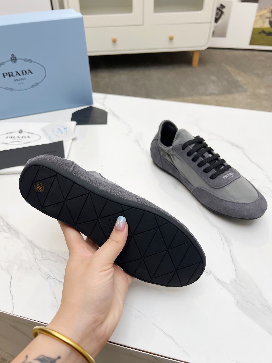 PRADA COLLAPSE SNEAKERS IN GRAY SUEDE AND NYLON
