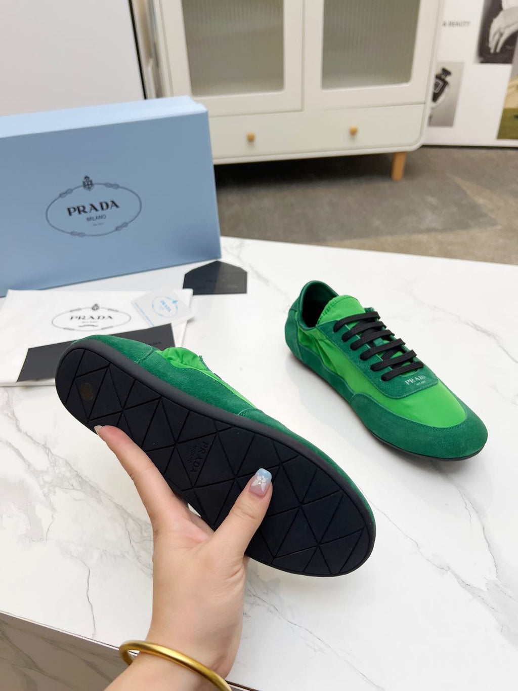 PRADA COLLAPSE SNEAKERS IN GREEN SUEDE AND NYLON