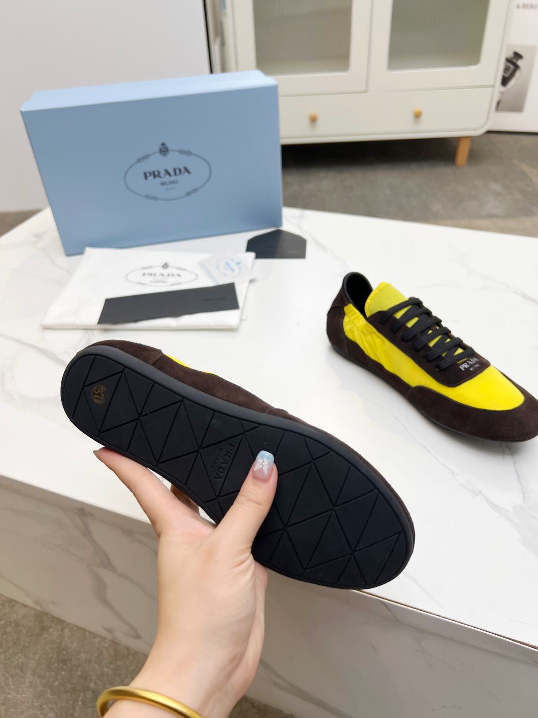 PRADA COLLAPSE SNEAKERS IN CHOCOLATE SUEDE AND YELLOW NYLON