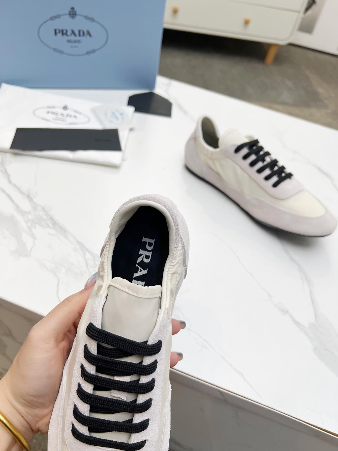 PRADA COLLAPSE SNEAKERS IN BEIGE SUEDE AND NYLON